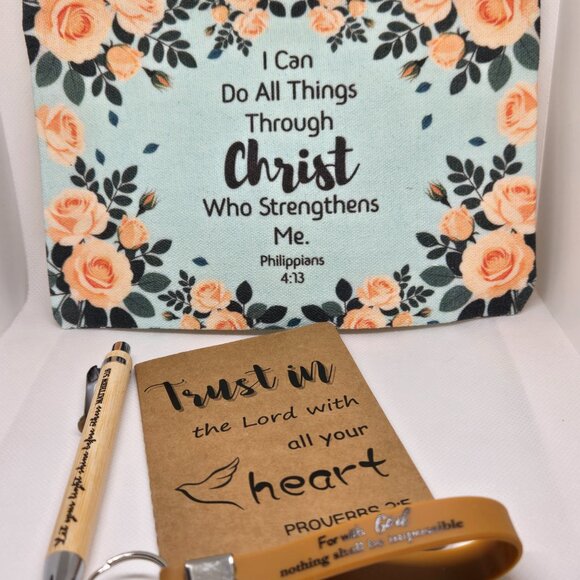 NEW INSPIRATIONAL FAITH CANVAS POUCH, NOTEPAD, PEN, BOOKMARK & KEYCHAIN GIFT SET - Picture 1 of 10